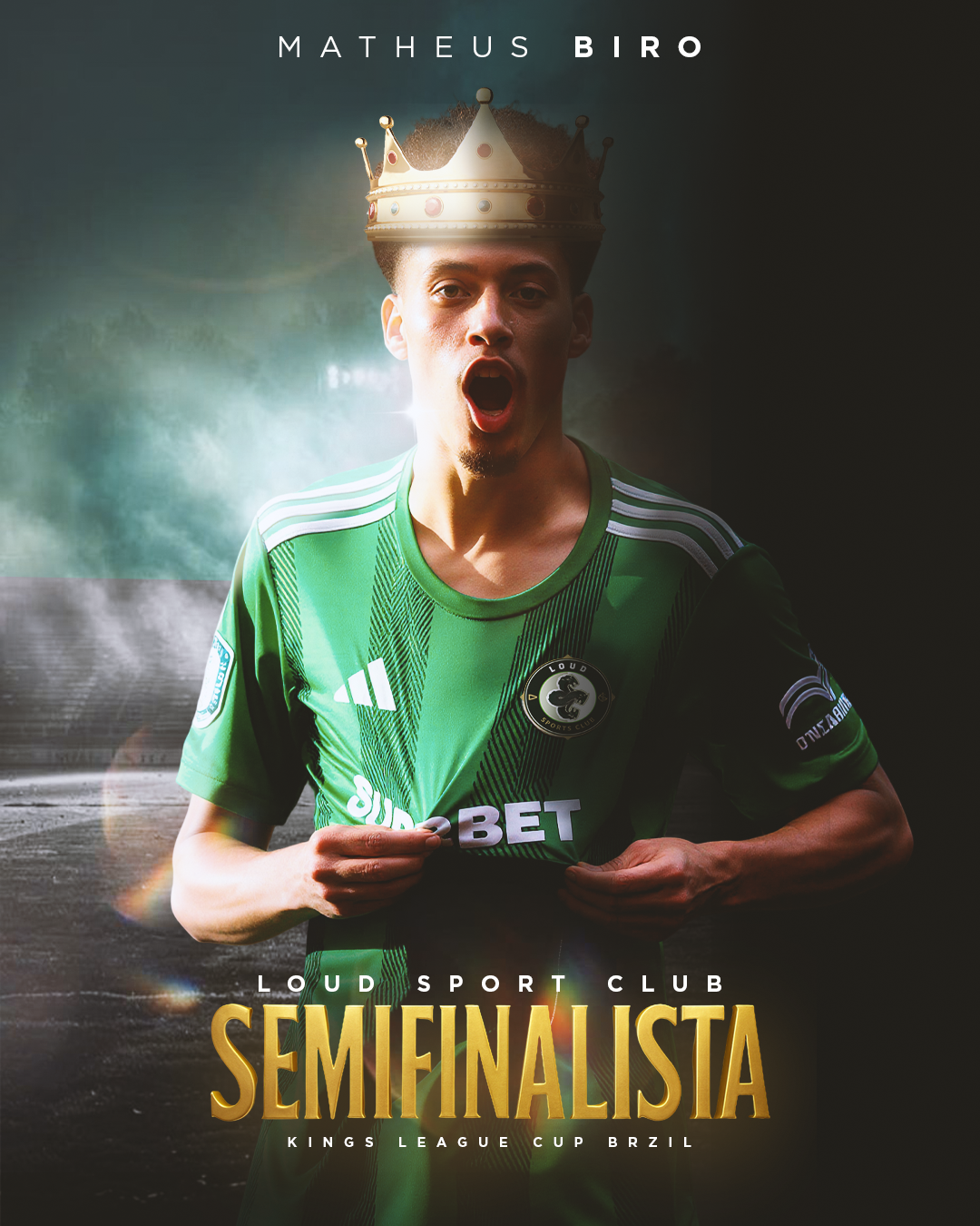 Peça de Matheus Biro com retrato esportivo e tipografia dourada de semifinalista