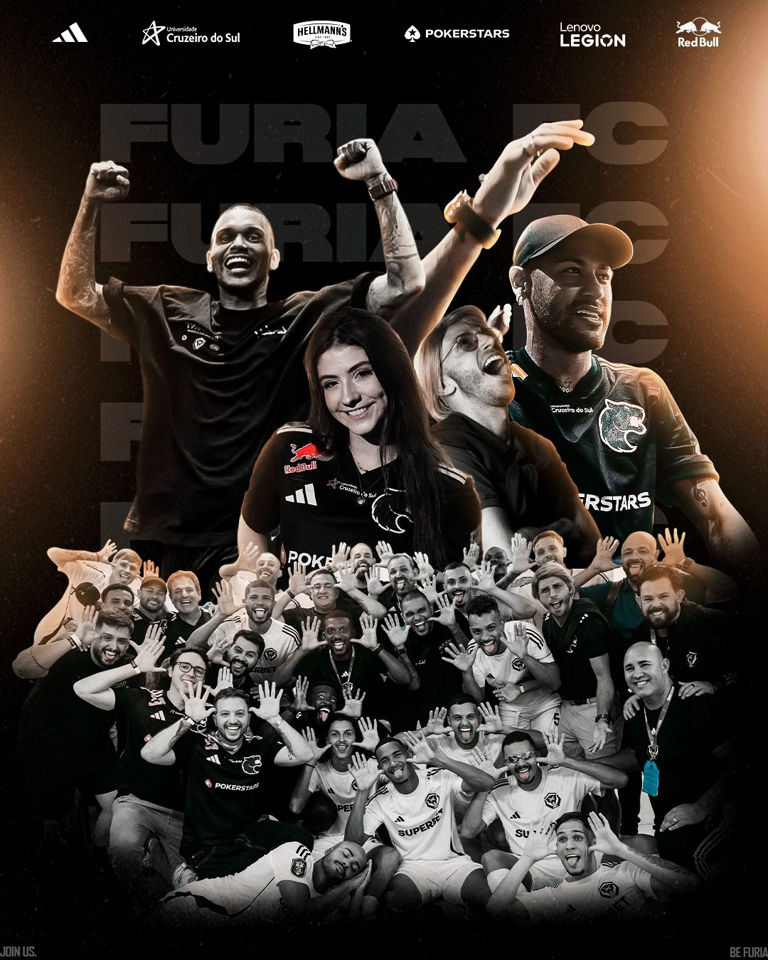 Campanha da Fúria FC com jogadores, torcida e elementos gráficos em preto